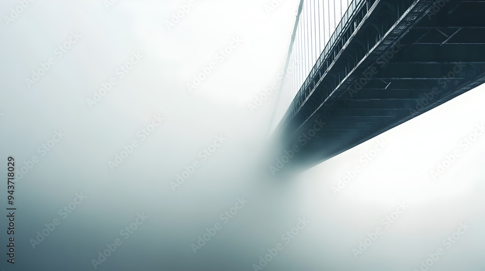 Poster a tranquil bridge disappearing into the misty atmospheric landscape symbolizing the unknown and invi