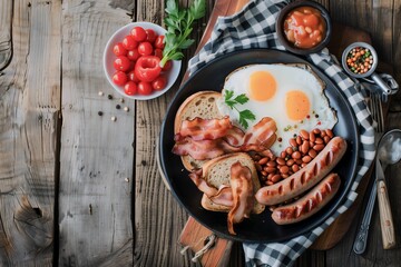 Top view of a hearty breakfast featuring fried eggs, crispy bacon, sausages, beans, and toast, served on a rustic wooden table with cherry tomatoes on the side.