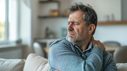Obraz premium A middle-aged man suffering from neck or shoulder pain on a light blue background. 