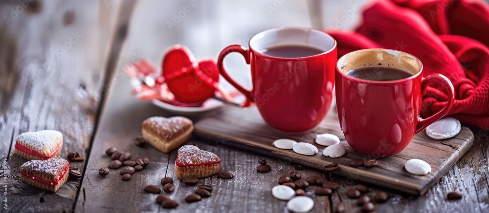 Poster valentine s day coffee and love note in the morning. with copy space image. place for adding text or