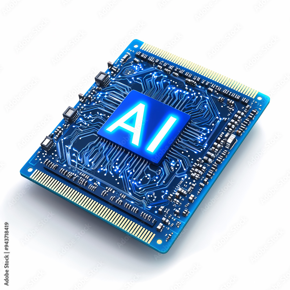 Poster digital cpu board with glowing ai symbol, representing technology and innovation.