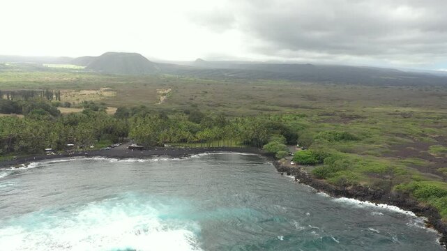 Black sand beach of Punaluu, Hawaii, USA, aerial view