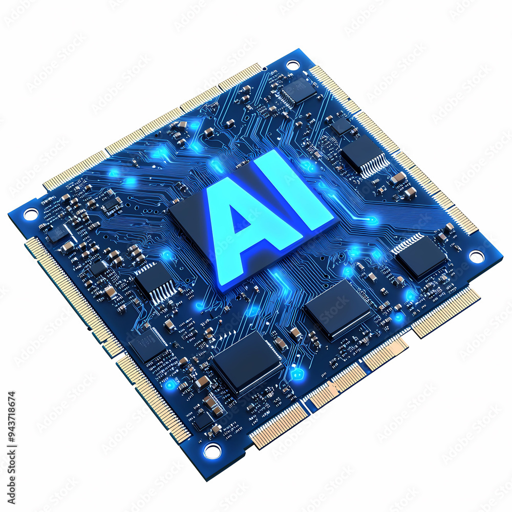 Poster high tech cpu board featuring an illuminated ai chip, symbolizing advanced technology and innovation
