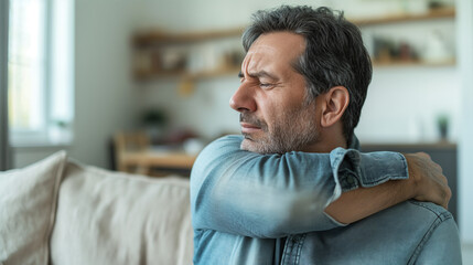 Fototapeta premium A middle-aged man suffering from neck or shoulder pain on a light blue background. 