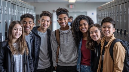 A diverse group of high school students standing in front of lockers. Multicultural, diverse children, open education, international school.	