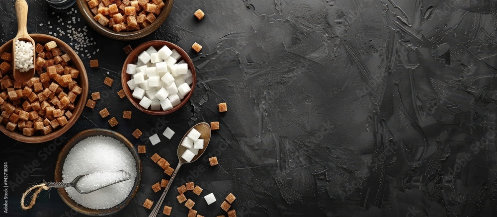 Poster brown and white sugar in bowls with a scoop and spoon cane refined granulated cubes and candy top vi