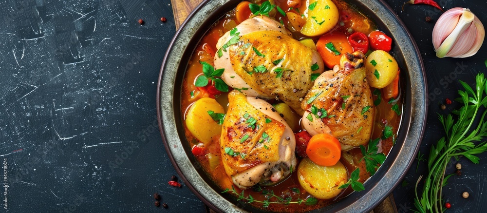 Poster Chicken stew featuring potatoes and vegetables Rustic slow cooked chicken Meat and vegetables are sauteed before being stewed Country style Top view Copy space Space for text