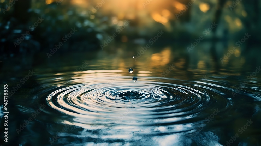 Poster a single droplet creating mesmerizing ripples on the calm surface of a pond symbolizing the powerful