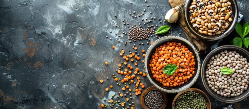 A pile of cowpea spread across a black surface known as black eyed pea or southern pea is one of the most popular edible grain legumes with space for text. with copy space image