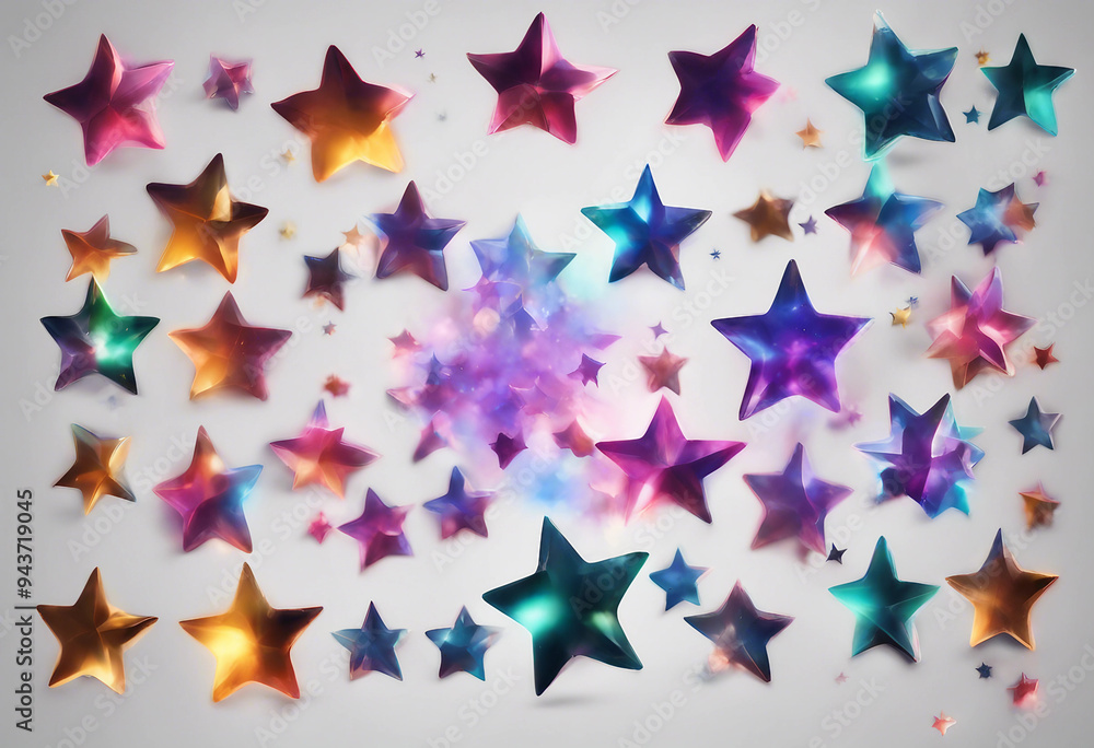 Poster collection of realistic multi colour shiny stars shape set isolated on transparent background