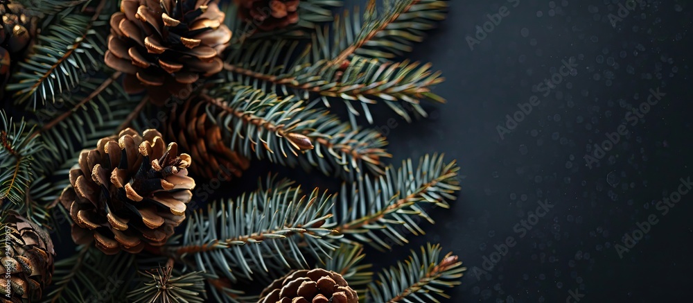 Aufkleber christmas and new year backdrop a branch of a christmas tree set against a black background pine con