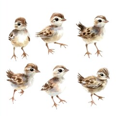 Fototapeta premium A collection of watercolor illustrations of small birds in various poses.