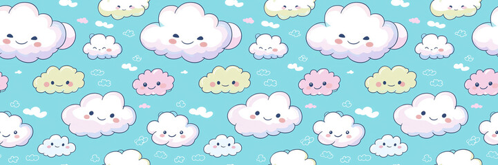 Seamless kawaii pattern featuring cute, smiling clouds, soft pastel background. Ideal kids designs, nursery decor, playful packaging. joyful, whimsical.
Fabric wrapping textile. Generative Ai content