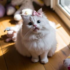 Cute white cat with tie bow