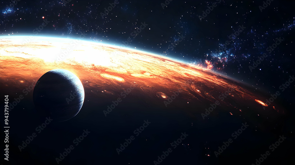 Poster a planet with a fiery atmosphere, viewed from space with a smaller planet in the foreground.