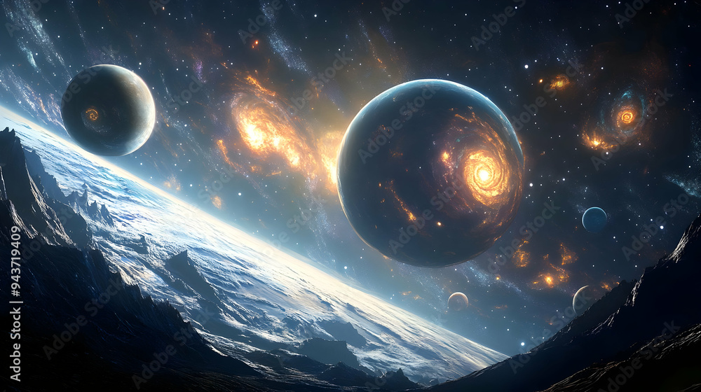 Poster a planet with a fiery core orbits near a galaxy with a bright center.