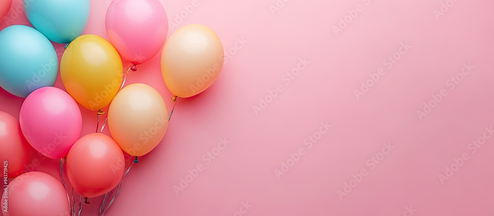 Poster A collection of colored balloons on a pink background Flat lay top view. with copy space image. Place for adding text or design