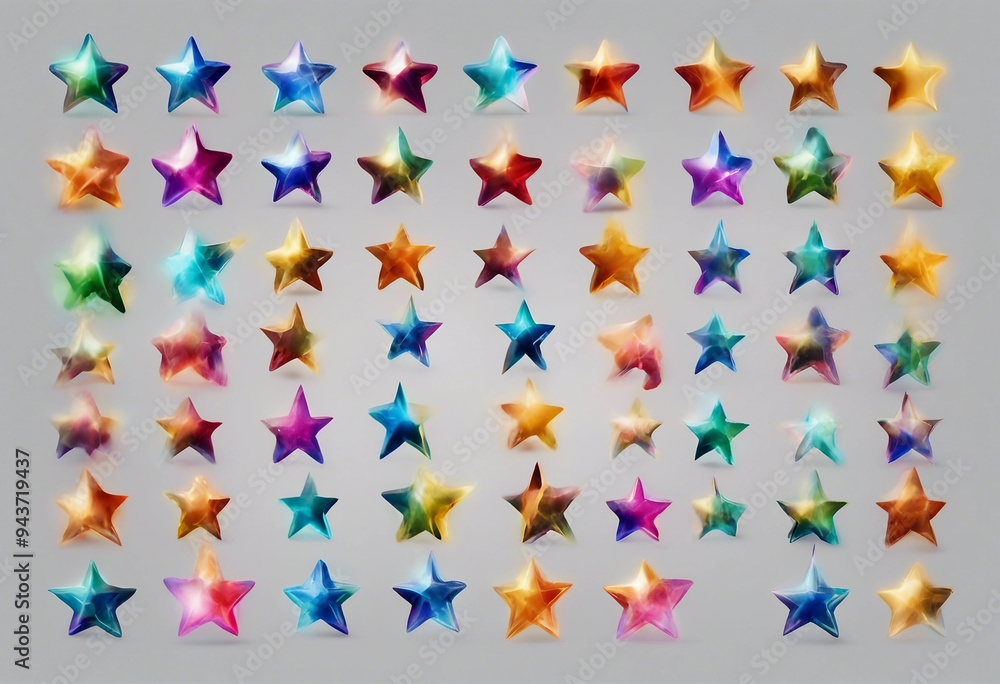 Poster collection of realistic multi colour shiny stars shape set isolated on transparent background