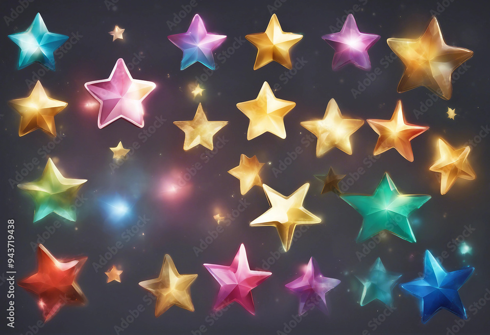 Poster collection of realistic multi colour shiny stars shape set isolated on transparent background