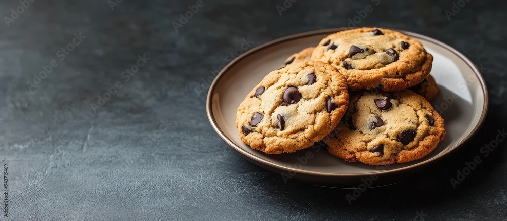Poster chocolate chip cookies on a plate. with copy space image. place for adding text or design