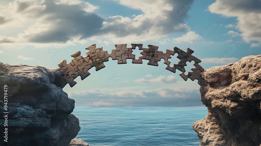 Poster a conceptual image of a bridge made of colorful puzzle pieces connecting two cliffs in a scenic land