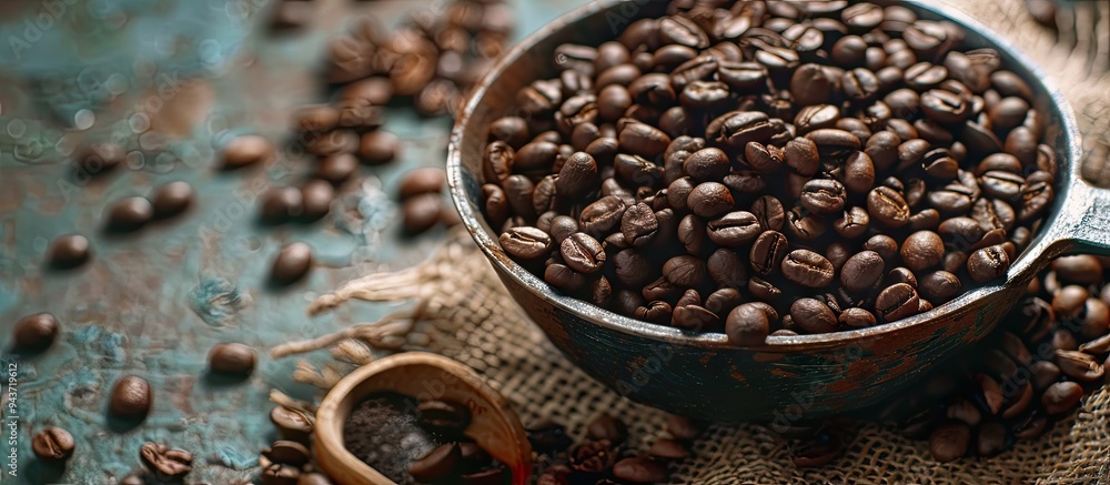 Fototapete Close up of coffee beans beside a scoop for filling. with copy space image. Place for adding text or design