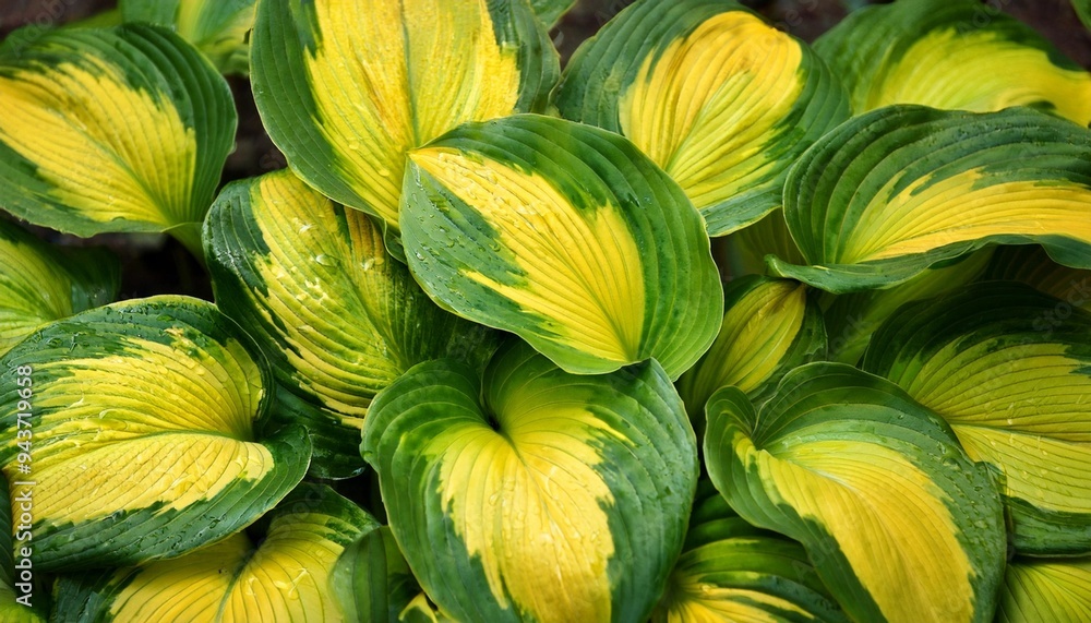 Wall mural green and yellow wet hosta leaves panoramic nature background