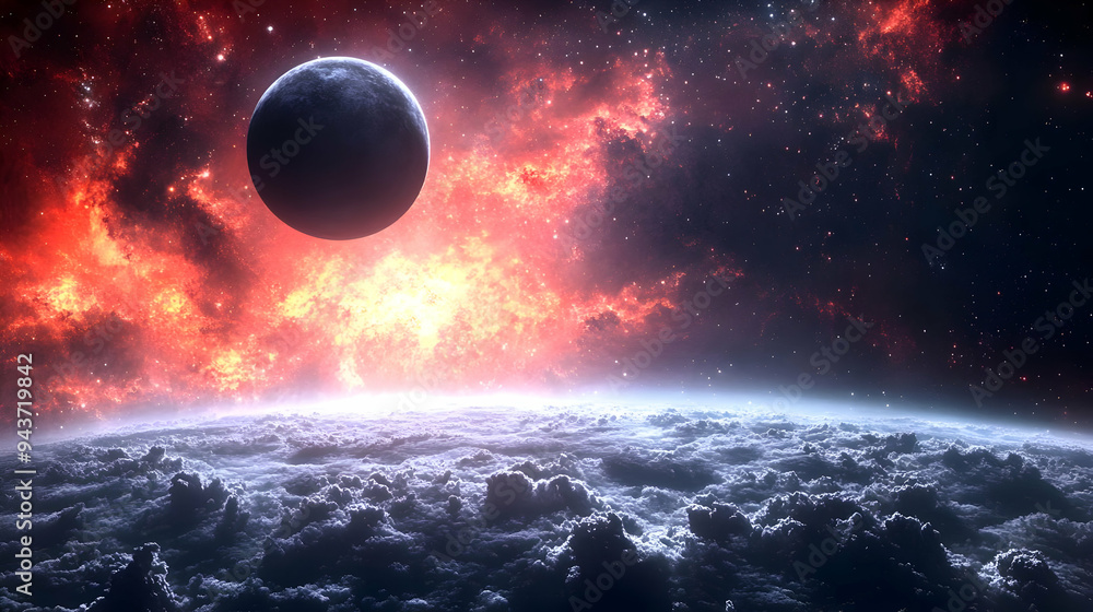 Poster a planet with a fiery nebula in the background and cloudy surface.