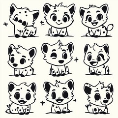 A grid of cute cartoon hyenas displaying various expressions and poses.