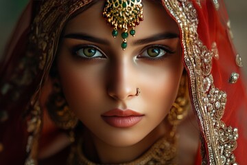 Stunning portrait of an indian girl dressed in traditional attire adorned with kundan jewelry