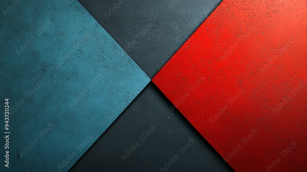 Poster textured geometric shapes in blue and red contrast against dark background, creating striking visual