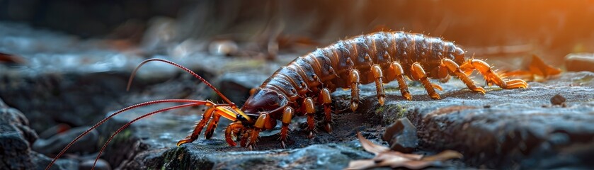 Prehistoric Centipede Crawling Over Ancient Stone Carvings in Forgotten Ruins