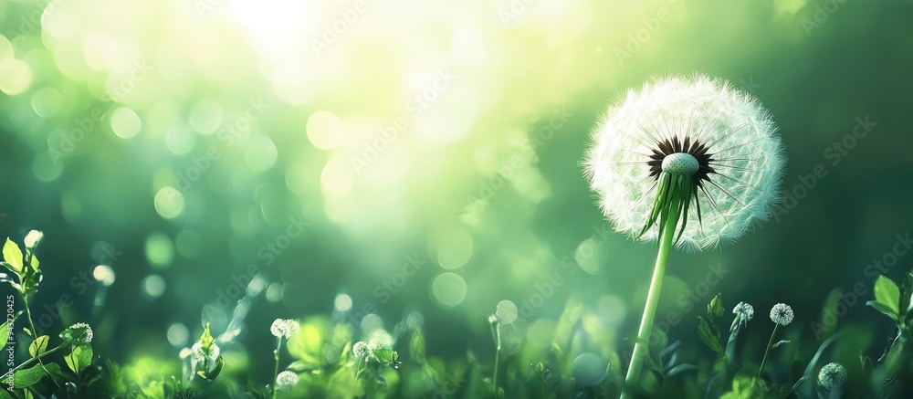 Poster fluffy dandelion with a blurred green background. with copy space image. place for adding text or de