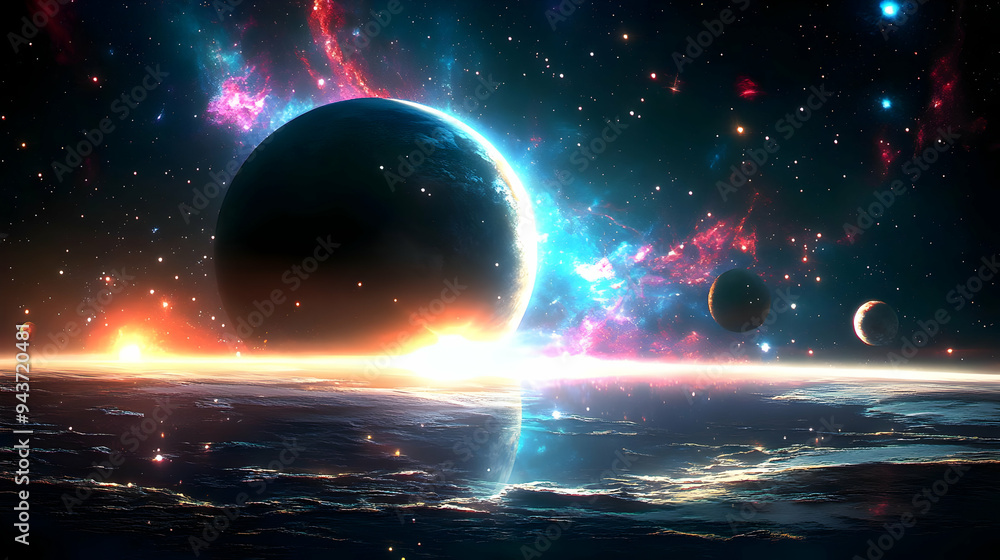 Poster a planet with a glowing atmosphere and a colorful nebula in the background.