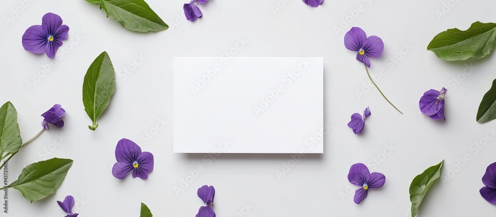 Poster creative arrangement featuring violet flowers leaves and a blank greeting card set against a white b