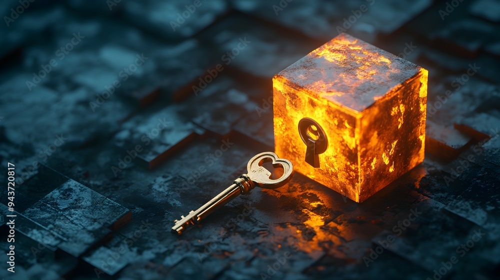 Poster a golden key unlocking a shining glowing cube shaped box symbolizing the act of discovery accessing 