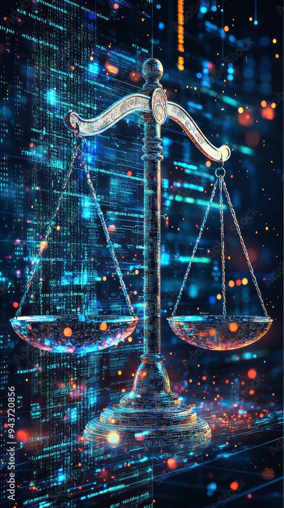 Poster the digital scales of justice against the backdrop of data and code symbolize the rule of law in the