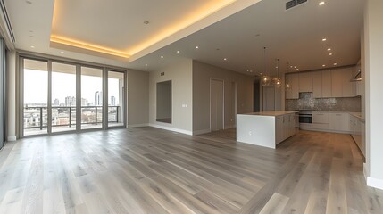 Stylish empty condominium with a high ceiling, clean lines, and contemporary finishes, providing an ideal setting for interior design.