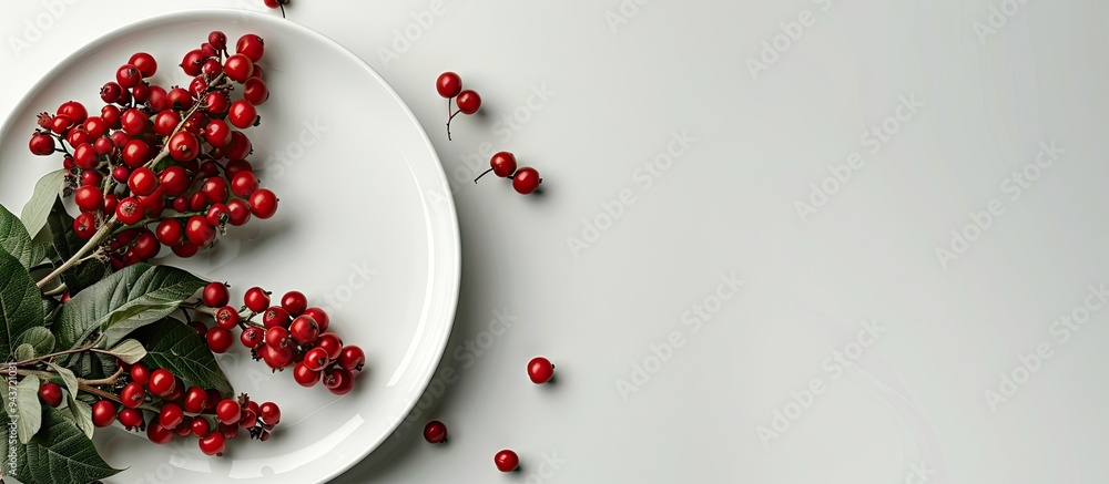 Fototapete Plate featuring fresh viburnum berries on a white background. with copy space image. Place for adding text or design