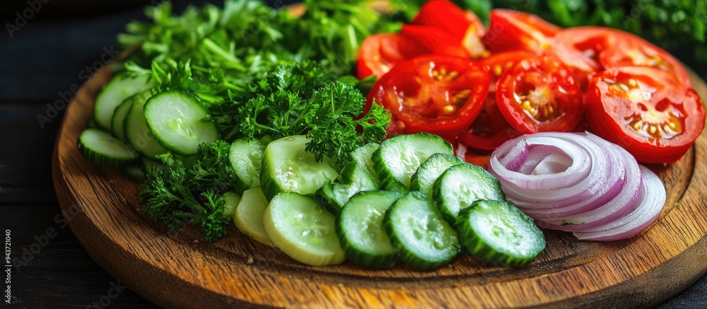 Poster garlic fresh green parsley cucumbers tomatoes and onions arranged for a salad on a wooden table. wit