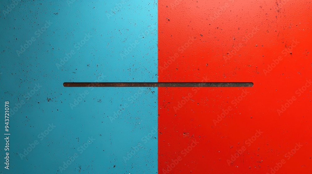 Poster abstract image of split wall with blue and red sections, featuring horizontal line in center. contra