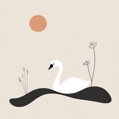 Fototapeta premium A minimalist illustration of a swan on water with plants and a sun in a soft color palette.