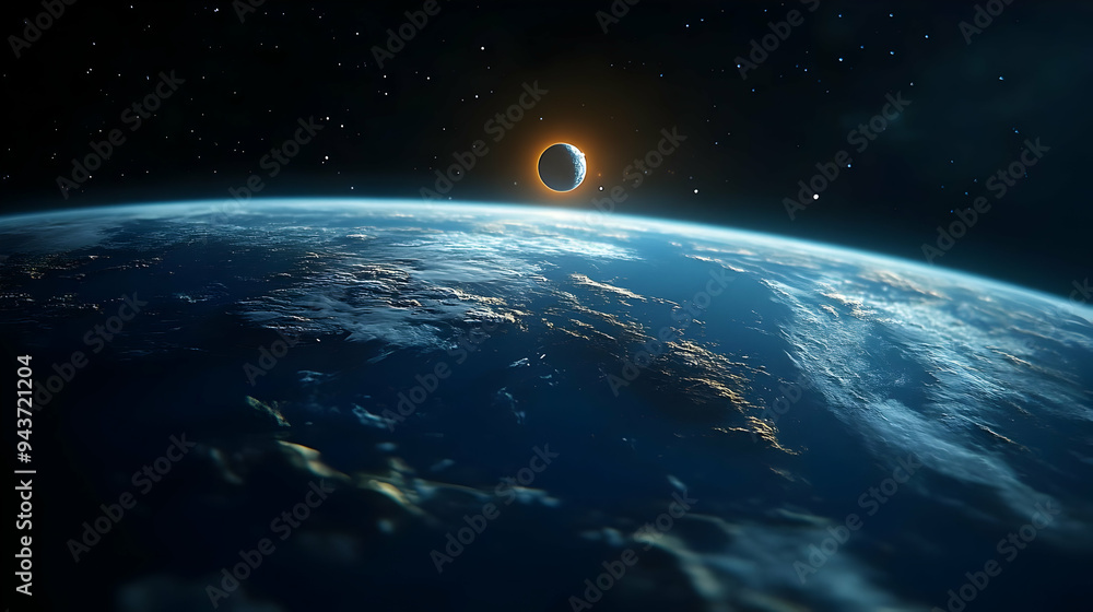 Poster a planet with a glowing moon and clouds in the dark outer space.