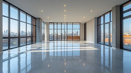 Elegant empty condo with high ceilings, large windows, and sleek finishes, offering a perfect blank canvas for interior design.