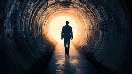 Fototapeta premium A solitary figure walking through a dark mysterious tunnel with a luminous light shining at the end representing a metaphor for hope personal growth and the journey toward a brighter future