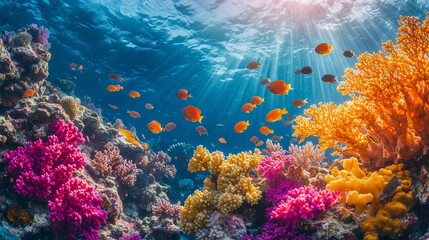  a vibrant coral reef teeming with colorful corals and tropical fish. Sunlight filters through the clear water, illuminating the scene with a spectrum of bright colors.