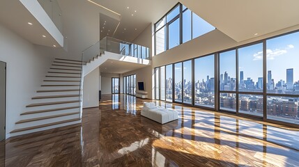 Naklejka premium Expansive empty condominium with high ceilings, open-plan design, and contemporary finishes, perfect for interior design staging.