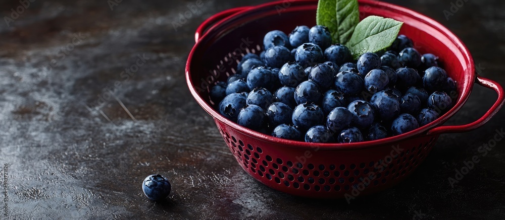Poster freshly harvested blueberries in a red metal colander. with copy space image. place for adding text 