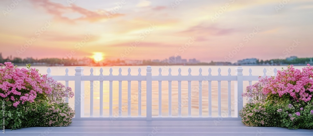 Aufkleber a white classic fence frame during evening sunset on the river shore waterfront district suitable fo