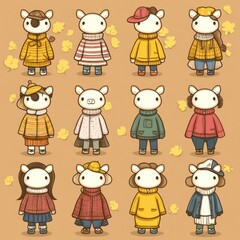 A playful illustration of cartoon animals dressed in various colorful outfits.